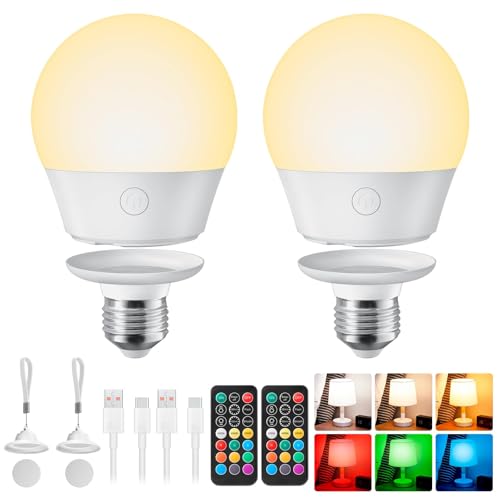 Brightown E26 Rechargeable Light Bulb with Remote and Timer, Battery Backup Bulb for Sconces and Lamps, Magnetic Bulbs for Non-Hardwired Fixture, 3 Color Temperatures + 9 RGB Colors, Dimmable, 2 Pack