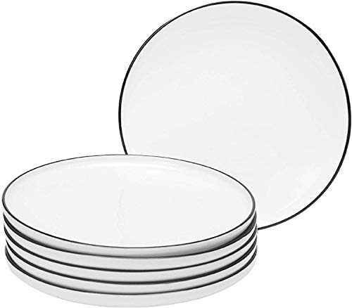 BonNoces 8 Inch Porcelain Lunch Plates, White with Black Edges Dessert Plate, Classic Round Serving Plate for Steak, Pasta and Salad, Set of 6
