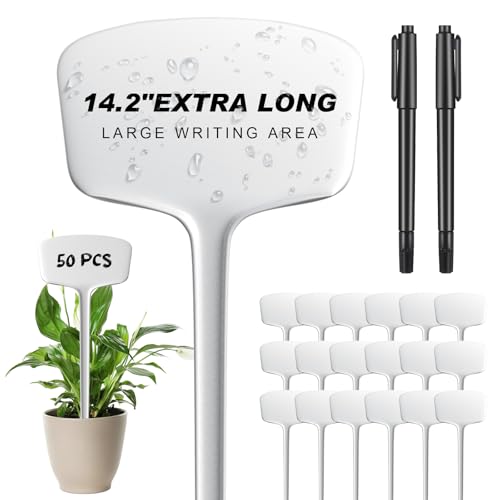 Colingmill 50 Pcs 14.2 Inch Plastic Plant Labels Plant Tags T Type Plant Markers with Pen for Outdoor Indoor Garden Pot Plant Herbs Flowers Vegetable