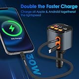 Retractable Car Charger,5 in 1 Fast Car Phone Charger 90W,Bluetooth 5.3 FM Transmitter Adapter,Handsfree Call Car Charger,2 Retractable Cables and USB Car Charger for iPhone 15/14/13 (Black)