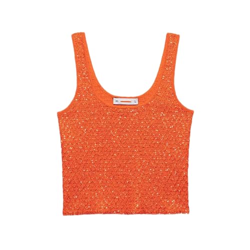 Woman Solid Knitted Vest Sequin Decoration Short Tops Sleeveless Waistcoats Sweater Vest 1 S