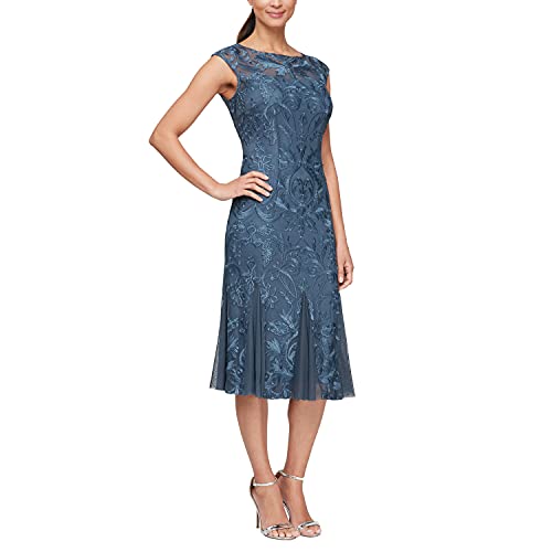 Alex Evenings Women's Short Embroidered Cocktail Dress, Wedding Guest (Petite and Regular Sizes), Vintage Blue, 16