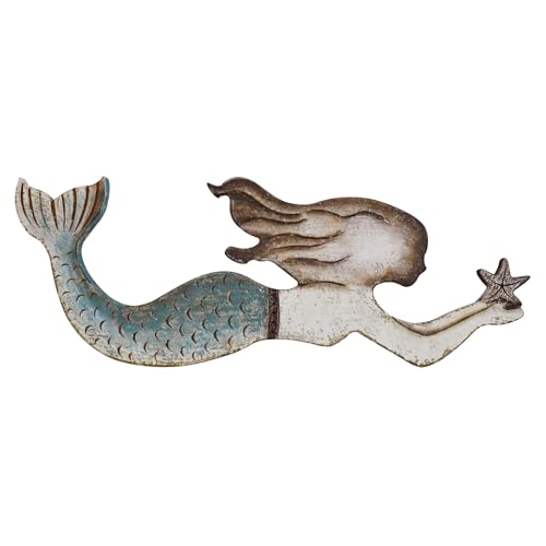 Morning View Wooden Mermaid Wall Decor Nautical Hanging Plaque Sign Wood Mermaid Wall Sculpture Large Coastal Wall Art Rustic Beach Ocean Sea for Bathroom Home House 30.5X11 Inches(Teal)