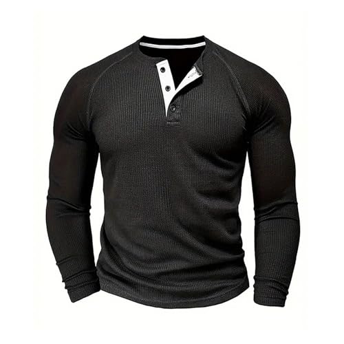 Camisetas Manga Larga Hombre sólido botón Arriba solapa Camisetas Tops suéter Camisa entrenamiento Q-03 Black X-Large