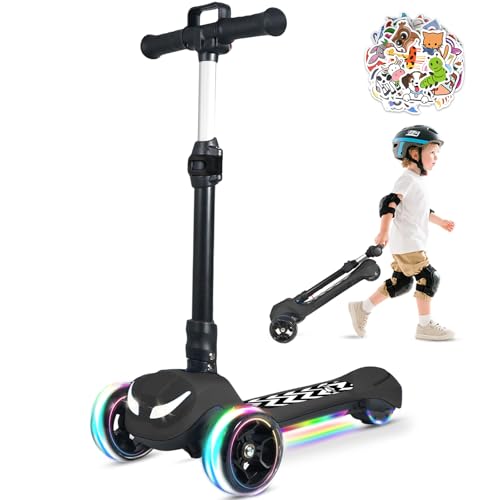 Balance Electric Scooter for Kids Ages 3-12, Full Body Lights Up, Stickers, Wide Deck, 3 Adjustable Heights, 5MPH Safe Speed, 90min Riding, Foldable 3 Wheel Electric Scooter for Kids Boys Girls, Black