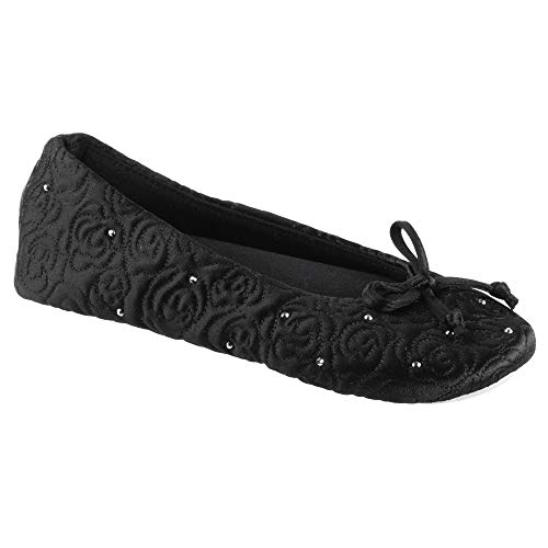 isotoner womens Ballerina Slippers With Terry Lined and Rose Quilt Ballet Flat, Black, 9.5-10.5 US