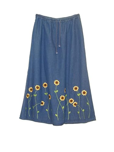 LA CERA Women's Denim Sunflower Embroidered Skirt – Vintage-Inspired A-Line with Easy Pull-On Waistband for Summer