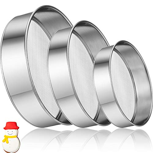 Patelai 3 Pcs Stainless Steel Round Flour Sifter Sieve Fine Mesh for Bake Decorate Cakes, Pies, Pastries, Cupcakes (6 Inch and 8 Inch 60 Mesh,7 Inch 40 Mesh)