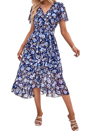 PRETTYGARDEN Women's Summer Floral Boho Dress Wrap V Neck Short Sleeve Ruffle A-Line Flowy Maxi Wedding Guest Dresses (Navy White Floral,Large)