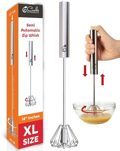 14 Inch Stainless Steel Hand Whisk - Durable & Easy to Use Push-Down Zip Whisker - Rotary Hand Mixer for Beating Eggs, Frothing Milk, Blending, Mixing, Whipping Smoothies & Shakes - Kitchen Tools