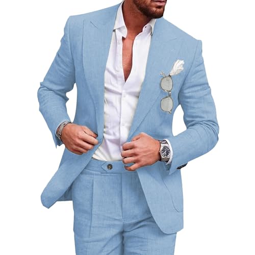 UNINUKOO Linen Suit for Men Summer Wedding 2 Piece Suit Set Peak Lapel Casual Blazer Pants Beach Wear for Men US Size XS Sky Blue