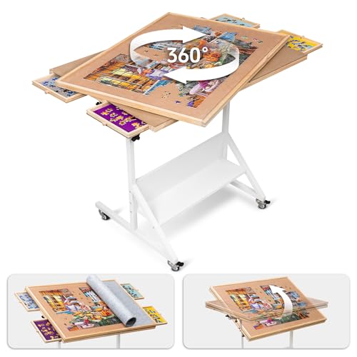 Tektalk Rotating Jigsaw Puzzle Table with Angle & Height Adjustment, Wooden Puzzle Board with Cover & 4 Colored Drawers, Tilting Puzzle Easel with Legs & 4 Roller Wheels, for Up to 1500 Pieces