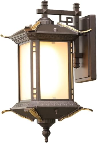 vhhob Asian Pagoda Style Outdoor Wall Lantern, Waterproof Exterior Sconce Light, Bronze Finish Metal & Glass with Gold Accents for Porch, Garden, Patio, Temple, Courtyard Decor, E26 Base