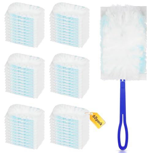 60 Count Disposable Dusters Refill for Cleaning, 180 Degree Heavy Duty Duster Replacement Head for Swiffer, Dusting Furniture, Blinds, Ceiling Fans, Helps Remove Allergens