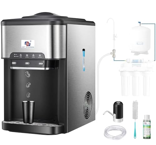 NUNET 3-in-1 Countertop Ice Maker Hot/Cold Water Dispenser Cooler Fill Water Manually or by Water Line,10ft Water Inlet Hose 1/2" &1/4" Connector, Making 44 lbs Ice Daily at 160W, 4lb Ice Storage