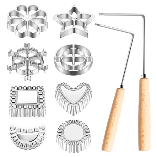 Foorey Home Rosette Maker with 8 Heads Bunuelos Mold with 2 Handle Waffle Cooking Stamp Cookie Press Mold for Kitchen Baking Funnel Cake Mould Star Flower Circle Heart Hexagon Square 10 Pieces