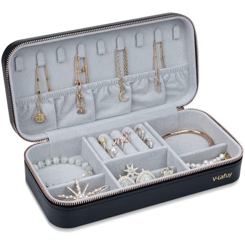 V-LAFUY Travel Jewelry Case Organizer, Portable Jewellery Box for Women Jewelry Travel Organizer for Rings Earrings Necklaces Bracelets Watch, Black C