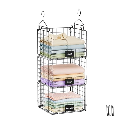 Sonyabecca 3-Tier Hanging Closet Organizer with Name Plate, Clothes Hanging Shelves 5 S Hooks, Wall Mount & Cabinet Foldable Wire Storage Basket, for Clothing Sweaters Handbags