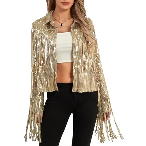 FEORJGP Women Sparkly Sequin Jacket Shiny Glitter Tassel Fringe Hem Disco Jacket Sequin Fringe Jacket Coat Y2K 90s Streetwear (Gold, XXL)