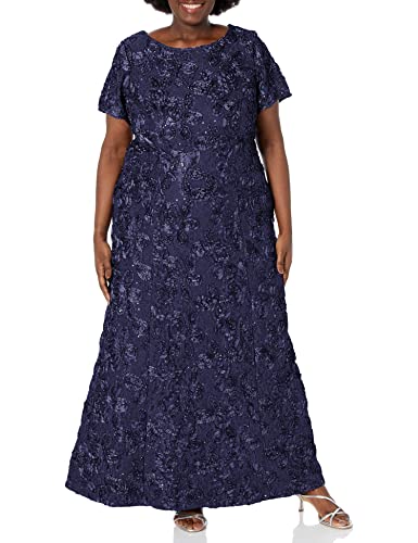 Alex Evenings Women's Long Rosette Mother of The Bride Dress with Short Sleeves, Wedding Guest Regular Sizes, Navy, 14 Petite