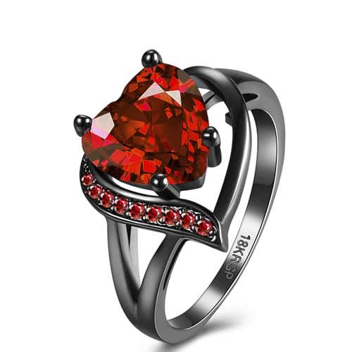 QOBEBOTA Engagement Rings for Women Red Heart Cubic Zirconia Promise Rings for Her Women's Jewelry Black Gold Gothic Wedding Ring Birthday Gifts for Women,Size 7