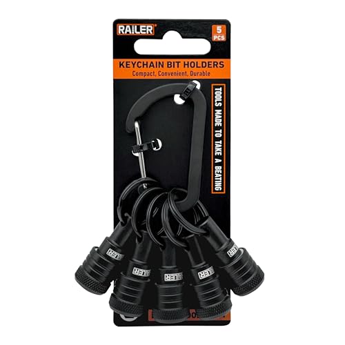 Railer Bit Holder Keychain 5pc - 1/4 inch Hex Shank Bit Holders - Quick Release Bit Holder For Nut Driver, Screwdriver & Drill Bits w/Key Chain Carabiner