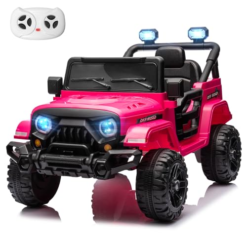 MINIATURE MOTORS 12V Kids Electric Ride on Truck Car Remote Control, Twin 35W Motors 3.5MPH Max Speed, Bluetooth USB Music Player, 4 Wheels Suspension LED Lights Safety Belt, Gift for Boy & Girl-Rosy