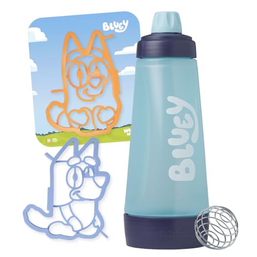 Whiskware Bluey Pancake Art Kit, 1 Batter Bottle, 2 Silicone Bluey and Bingo Pancake Molds, and 1 BlenderBall Wire Whisk, Durable, No-Mess Breakfast, BPA Free, Dishwasher Safe