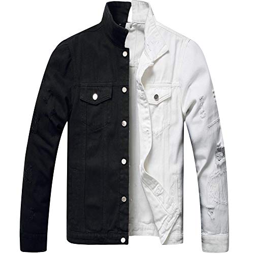 LZLER Jean Jacket for Men,Separable Left&Right Ripped Slim Fit Mens Denim Jacket(1802White-Black, Large)