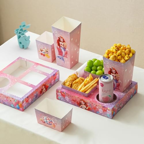 Baffect Movie Night Snack Trays 120 PCS, Include 20 Mermaid Party Snack Trays, 20 Popcorn Boxes, 20 Salad Bowls, 20 Nacho Bowls, 20 Invitations & 20 Party Favors (Pink)
