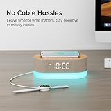 HOUSBAY 3-in-1 Alarm Clock Radio & Wireless Charger & Bluetooth Dual Speaker, 10W Charging Station for iPhone/Samsung, Dimmable Bedside Night Light, Soft Alarm, Digital Clock for Bedroom - Wood Tone