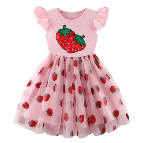 Little Girl Strawberry Tulle Dress Flutter Sleeve Toddler Girl Strawberry Shortcake Tutu Birthday Outfit 3-4T