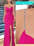 VFSHOW Womens 2024 Formal Prom Maxi Dresses Ruched High Slit Beaded Spaghetti Strap Sweetheart Neck Glitter Bodycon Evening Gown Dress (Hot Pink, X-Large) 11523 HPIK XL