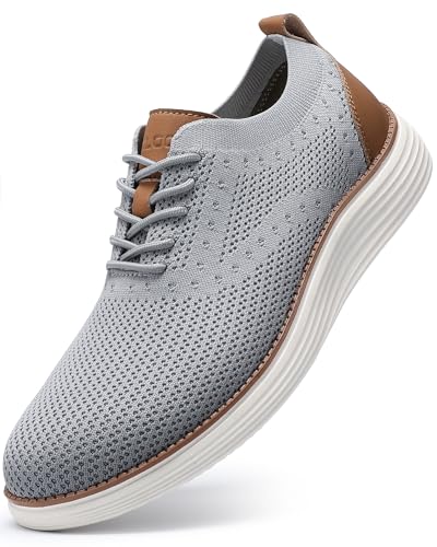 VILOCY Men's Casual Dress Sneakers Oxfords Business Shoes Lace Up Lightweight Comfortable Breathable Walking Knit Mesh Fashion Sneakers Tennis Light Grey,EU44.5