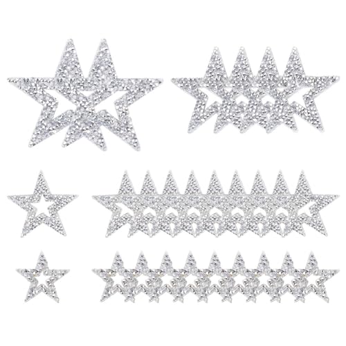 BEUNITONE Star Iron on Patches 4 Sizes Rhinestone Adhesive Crystal Star Patches Glitter Embroidered Patches Applique for DIY Clothes Dress Pants Hats Jeans Shoes Bags