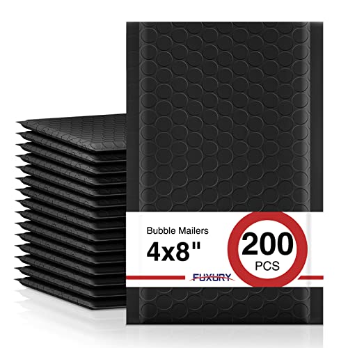 Fuxury Black Bubble Mailers 4x8" 200 Pack Waterproof Padded Envelopes Self Seal Bubble Envelopes Usable Size 4x7" Padded Mailers for Small Business Shipping Envelope Mailers
