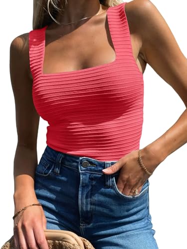 BZB Ribbed Tank Tops for Women 2025 Square Neck Summer Tops Fitted Pink Tops for Women Ribbed Shirts