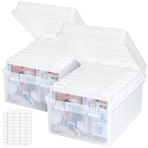 Lifewit Photo Storage Box 5x7 Photo Case, Each for 9 Inner Keeper, Clear Photo Organizer for Seeds Cards Pictures Office Supplies with 2 Sheets Label Sticker, 2 Pack