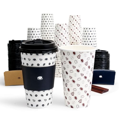 16 oz Coffee Cups with Lids and Sleeves, 100 Pack Paper Coffee Cups, 16 oz To Go Coffee Cups with Printed, Disposable Coffee Cups with Lids, Sleeves & Stirrers for Home, Business, Restaurant and Cafe