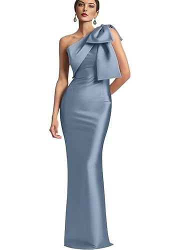 One Shoulder Satin Bridesmaid Dresses Long Mermaid Evening Gown for Women Bodycon Mother of The Bride Dresses with Bow US6 Dusty Blue