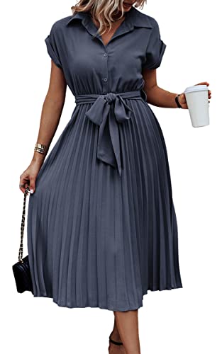 ECOWISH Womens Casual Pleated Midi Dresses Solid Short Sleeve Shirt Belted Dress for Spring Summer 2023 Gray Blue XL