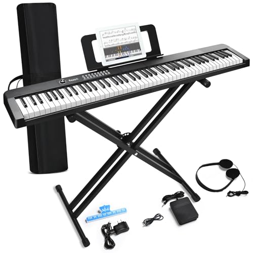 88 Key Piano Keyboard, Electric Digital Piano with Semi Weighted Keys, Keyboard Piano with Sustain Pedal, Power Supply, Stand, Carrying Case, Headphones, USB-MIDI Compatibility, for Beginner Adults