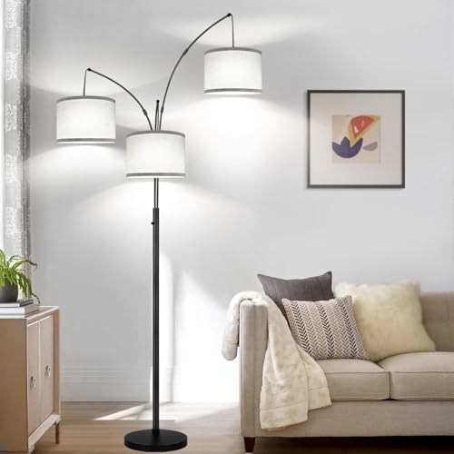 Dimmable Floor Lamp, 3 Lights Arc Floor Lamps for Living Room, Modern Tall Standing Tree Lamp with Gray Linen Shade & Heavy Base, Large Floor Lamp for Bedroom Office, 3x1000 LM LED Bulbs Included