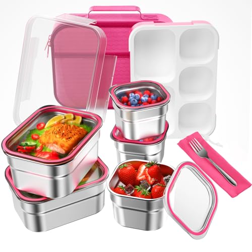 DaCool Stainless Steel Lunch Box Bento for Kids Adults Leakproof BPA-Free Metal Lunch Containers Tray 5-Compartment with Fork for Girls Food Snack Containers for School Outdoors, Pink