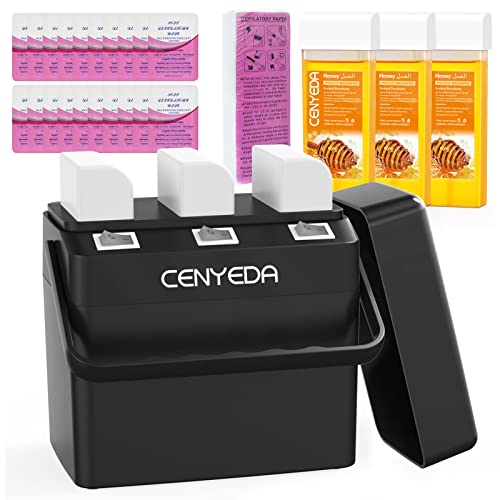 3 IN 1 Roll On Wax Kit, Waxing Kit for Hair Removal, Triple Roll-On Wax Warmer with 3 Honey Wax Cartridge Wax Roller Refill for Legs Arms and Underarm, Upgrade Heating System-Just 13 Mins Fast