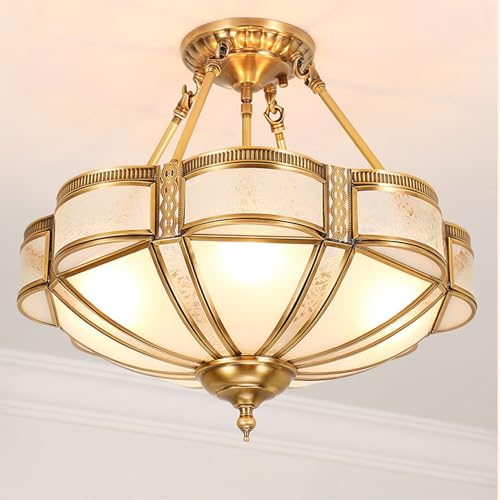 MIXL-24 Inch Brass Chandelier with Glass Lampshade,Art Deco Floral Bedroom Chandelier,Antique Flower Ceiling Mount Lamp,Vintage Style Semi Flush Ceiling Light for Dining Room Kitchen and Hallway