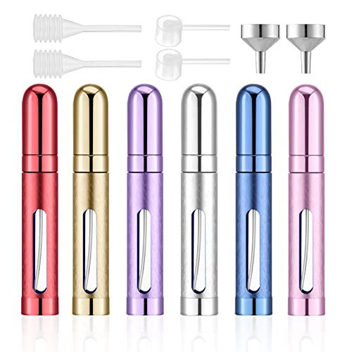 Lil Ray 12ml Portable Mini Perfume Atomizer(6 PCS)，Refilable Small Spray Bottle for Travel, Empty Pocket Cologne Sprayer, Glass inner and Aluminum Housing（0.4Oz,Pack of 6 with different colors）