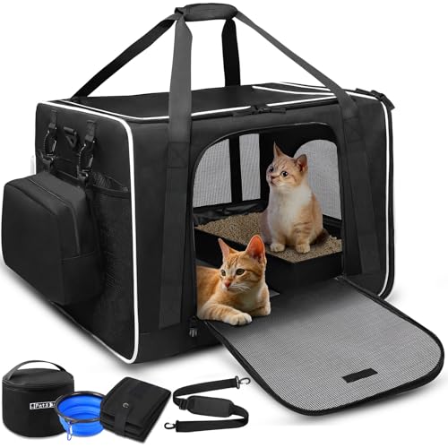 Petskd Large Pet Carrier 24"x17"x17" for Large Cats, Pet Carrier for 2 Cats or Medium Dog, Cat Carrier for Car Travel with Litter Box and Bowl, Cat Soft Carrier with Locking Safety Zipper(Black)