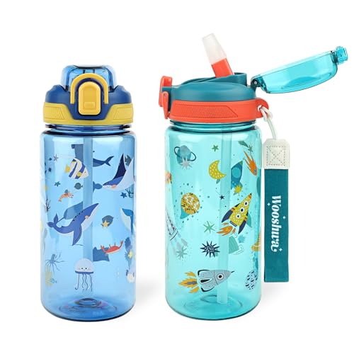 wooshwa Kids Water Bottle for School or Travel, 20 Oz 2 Pack Durable Plastic Water Bottle with Silicone Straw and Pop-Up Spout Cover, BPA Free & Dishwasher Safe(Rocket & Ocean Animals)