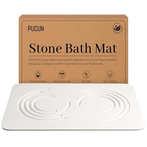 PUCUN Stone Bath Mat Diatomaceous Earth Shower Mat,Quick Drying Diatomite Bath Stone Mat for Bathroom Floor -Super Absorbent,Natural, Easy to Clean(White)